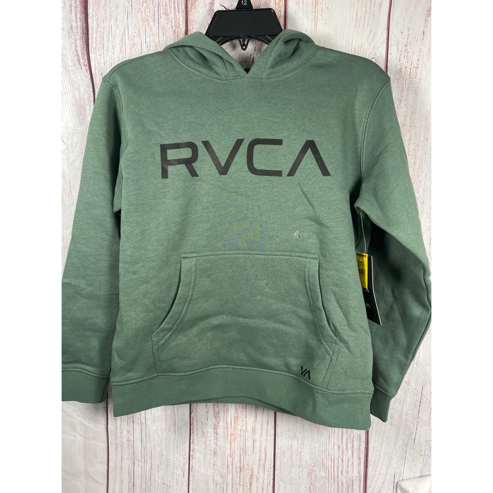 RVCA Boys Pullover Hoodie Sweatshirt Size L Army‎ Green Logo Front Pocket New